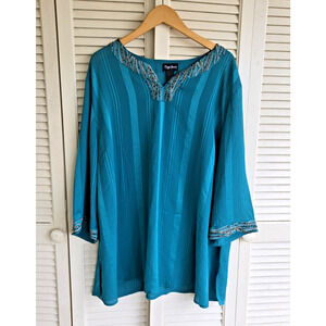 Maggie Barnes Tunic Top Green- Blue 2X (22/24) Beaded Accents Peasant Blouse